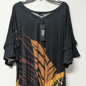 Lily by Firmiana Black & Brown Animal Print w/ Ruffle Sleeves & V-Neck Tunic 1XL